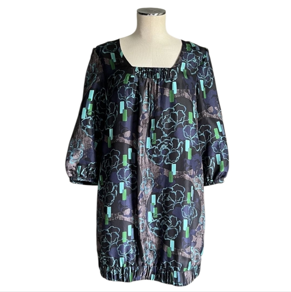 Blu/Grn/Brn/Blk 100% silk dress 3/4 sleeve Sz M